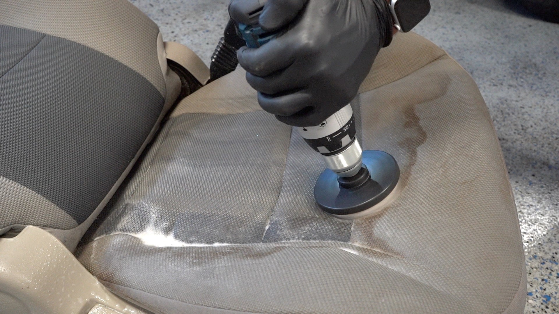 auto care geek drill brush scrubs grime and hard to remove stains out of car seat